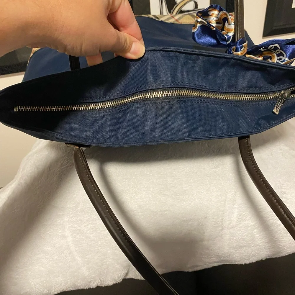 Burberry Navy Tote with Chain-Print Scarf Accent